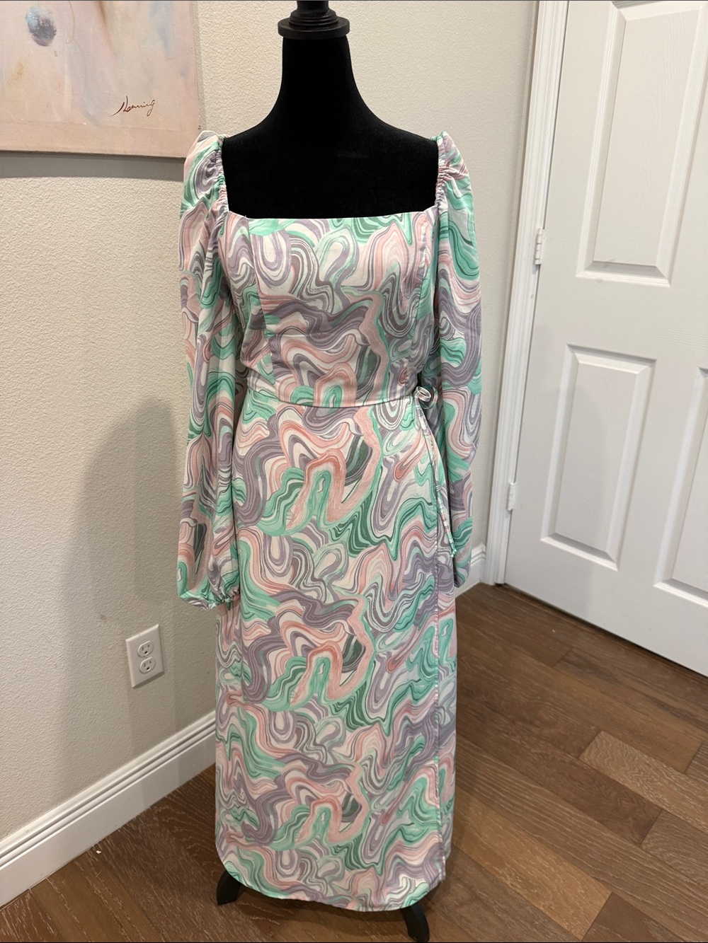 Square-Neck Long Sleeve Maxi Dress in Mint & Blush Swirl